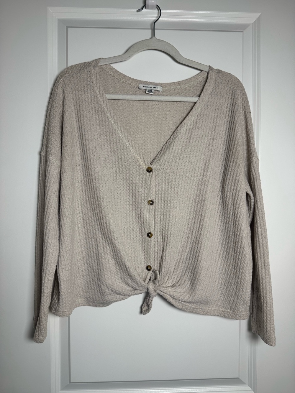 American Eagle Outfitters Cream Waffle-Knit V-Neck Button Front Sweater